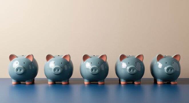 Row of five blue ceramic piggy banks standing on a desk against a beige wall with copy space for financial planning, personal banking, and wealth management ads