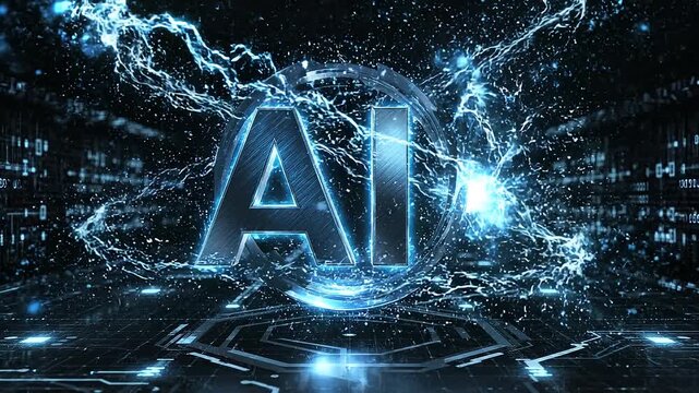 Animated ai text logo glowing in futuristic dark tech background with dynamic lighting effects