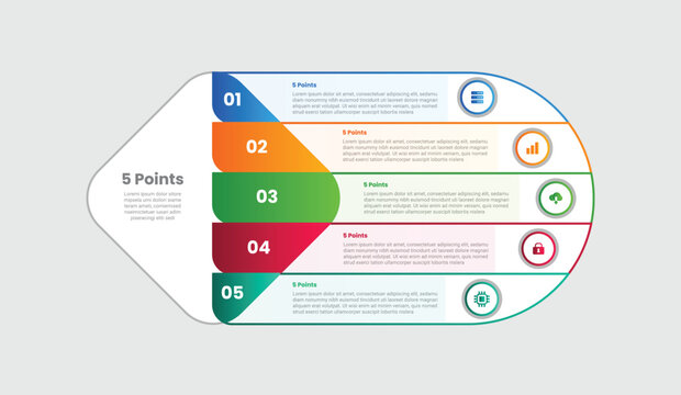 5 points infographic with gradient style with round rhombus base shape with vertical list container with circle badge with 5 elements stages