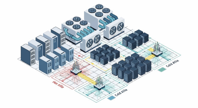 Isometric illustration of industrial cooling systems and server infrastructure.