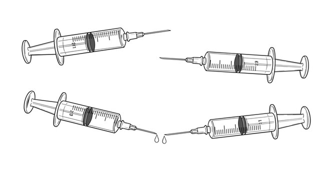 Four medical syringes with needles, one with drops, for vaccination, injection, and healthcare procedures.