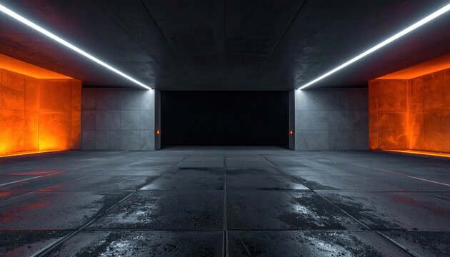 Spazio vuoto futuristico in cemento con illuminazione al neon e pareti laterali arancioni, ideale per presentazioni e sfondi high-tech.