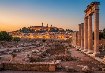 Fototapeta premium Ancient Roman Ruins and Temple Columns Overlooking a Historic Old Town at Sunset for Mediterranean Travel Guide and Cultural Heritage Background