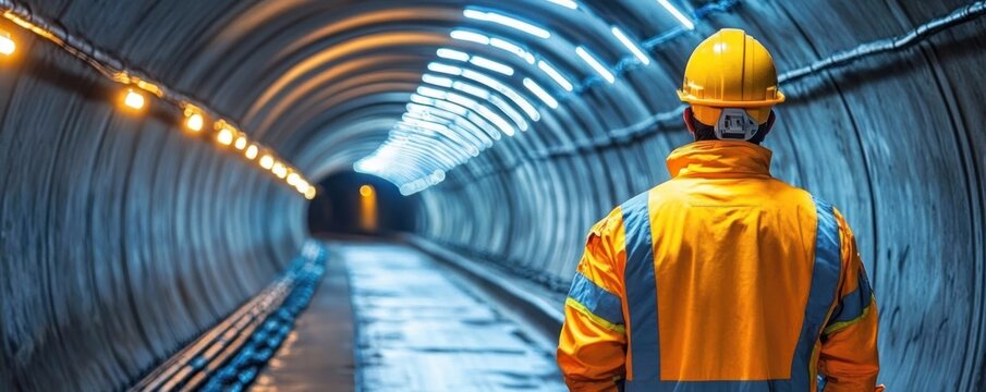 construction worker in yellow hard hat and reflective jacket stands in illuminated curved tunnel inspecting wet rail tracks with focused vigilance