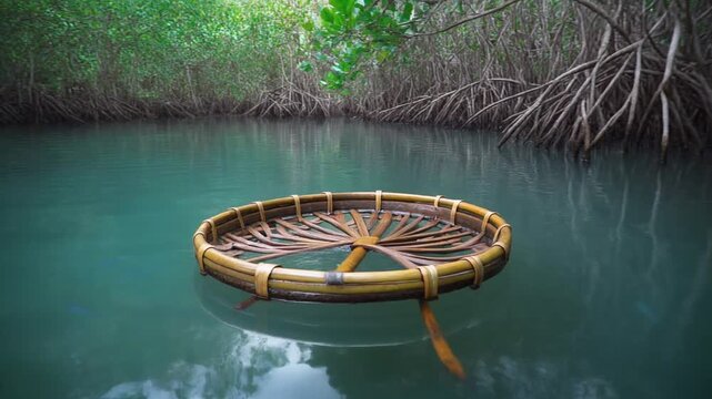 Circular bamboo raft floating on tranquil mangrove water.