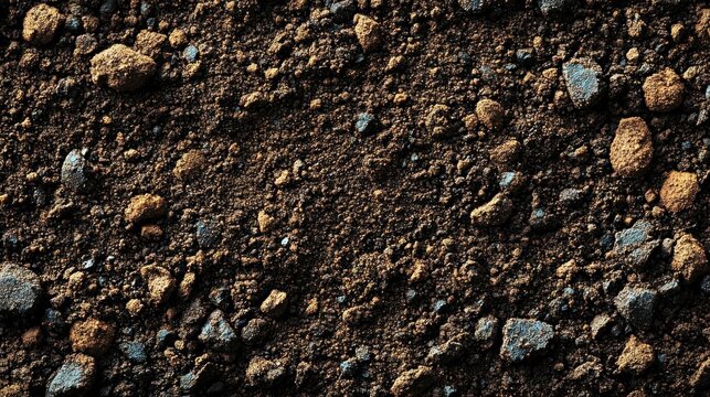 Close-up of rich dark soil with scattered small rocks and pebbles, textured earthy surface conveying a grounding, natural and rugged feeling