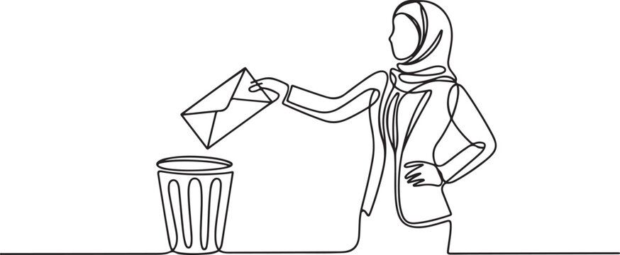 Continuous one line drawing Arab businesswoman throw the large envelope in trash. Delete digital data that is considered unimportant. one line icon drawing vector