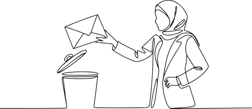 Continuous one line drawing Arab businesswoman throw the large envelope in trash. Delete digital data that is considered unimportant. one line icon drawing vector
