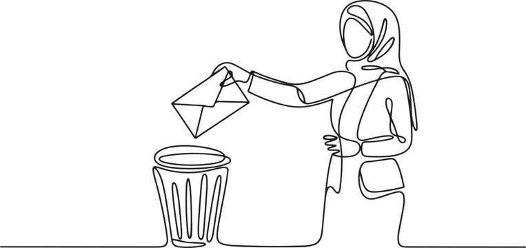 Continuous one line drawing Arab businesswoman throw the large envelope in trash. Delete digital data that is considered unimportant. one line icon drawing vector