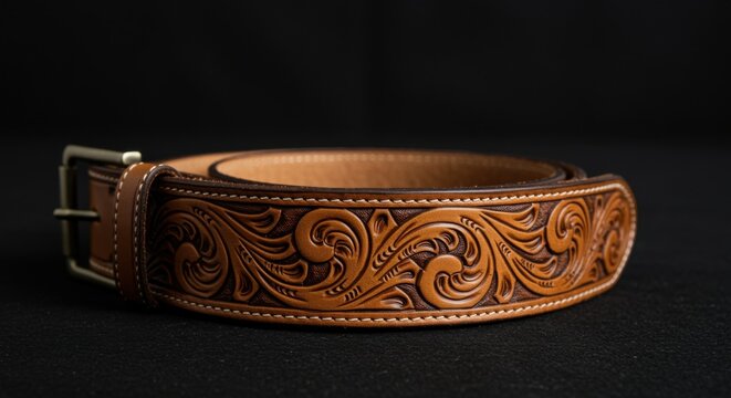Tooled leather belt with western scroll pattern lies on a dark surface for luxury apparel advertising, featuring handmade craftsmanship and traditional cowhide texture