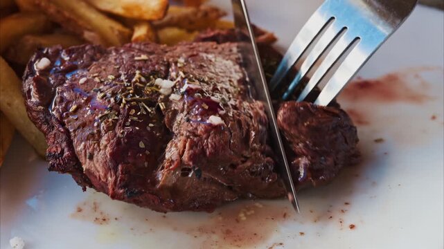 Juicy grilled beef steak being cut with sharp knife and fork on white plate awith fries close up view.