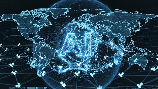 Animated ai text logo in neon wireframe looping over futuristic digital globe with glowing