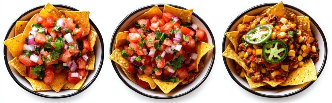 Three bowls of tortilla chips topped with fresh pico de gallo and a spicy chili with corn and jalape&ntilde;o, colorful and inviting party snack