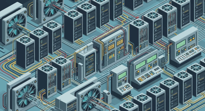 Isometric illustration of computer servers and data center equipment.