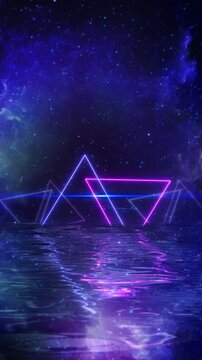 Illuminated neon triangle foggy, reflective, futuristic environment vibrant Dynamic neon triangle tunnel motion background vibrant for technology, future, creative projects, great for events shows