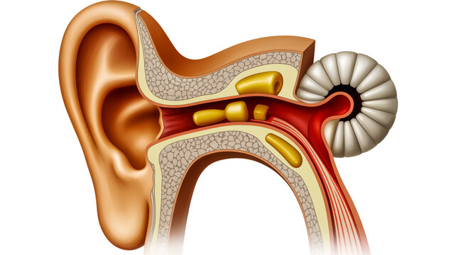 A detailed medical illustration of a human ear anatomy with eardrum ossicles