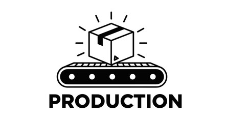 Fototapeta premium Industrial production line illustration featuring cardboard box on conveyor belt with text for manufacturing logistics.