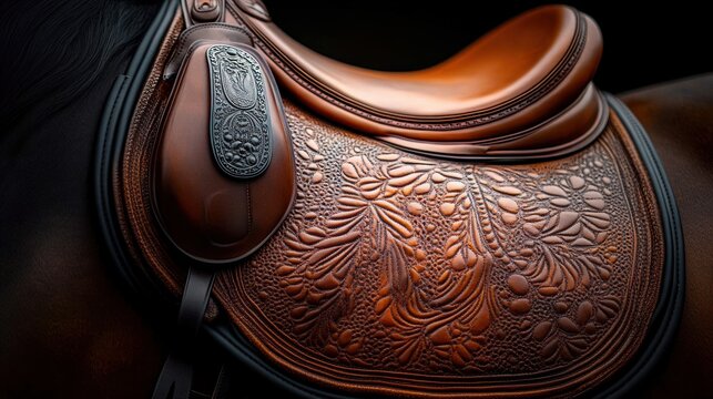 close-up of ornate tooled brown leather western saddle on a dark horse, detailed floral patterns and polished metal accents conveying warm elegant craftsmanship