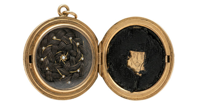 Antique gold mourning locket with woven hair and pearls