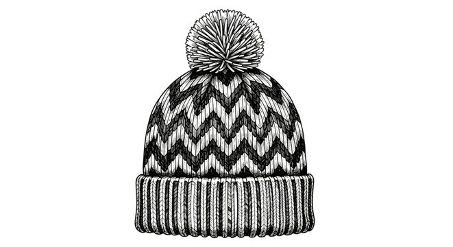 Knitted winter hat with a pompom and chevron pattern in a black and white etching style, cozy fashion accessory.