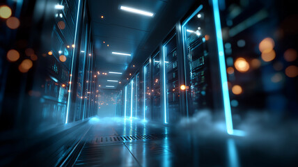 Naklejka premium Infinite corridor of illuminated AI server rooms blending light and technology in a futuristic setting Generative AI