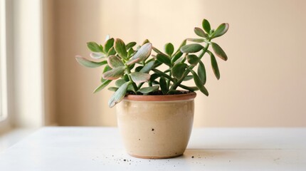 Fototapeta premium Potted jade plant with blush leaves growing in a ceramic planter on a white table for botanical lifestyle blog or home decor editorial with natural morning light