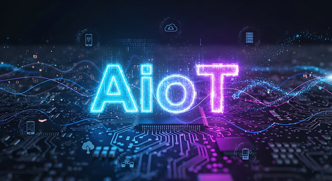 Futuristic AIoT Glowing Text on Blue Digital Circuit Background Representing Artificial Intelligence of Things Connectivity and Smart Network Technology Integration in Modern Cyber Ecosystem