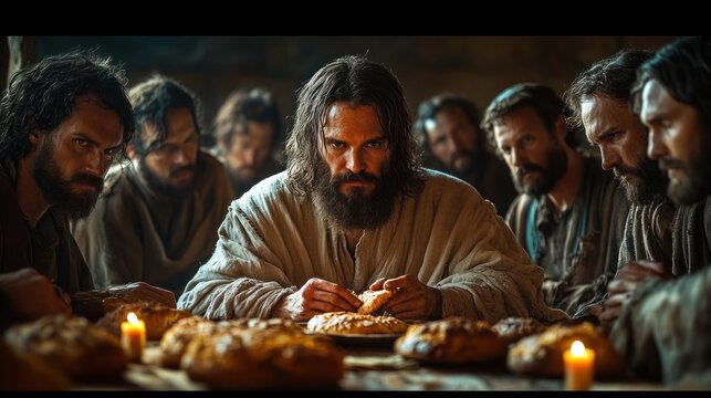 bearded man in robe breaks bread at a candlelit wooden table surrounded by robed companions, somber and contemplative communal meal
