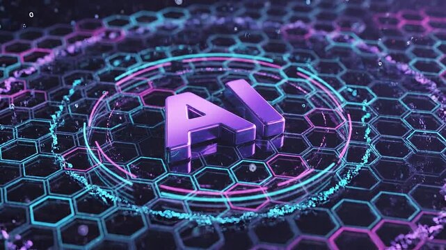 Futuristic ai logo animation with glowing purple letters on a dynamic hexagonal grid background