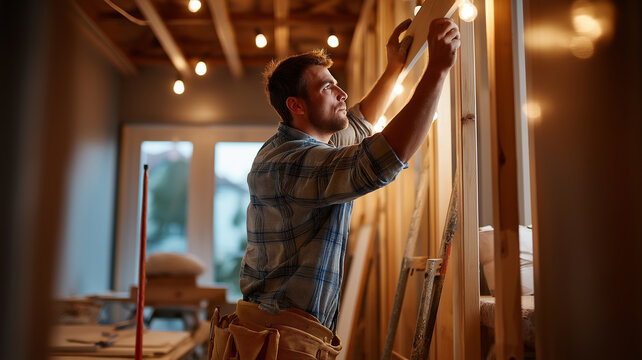 Drywall installer skillfully lifts gypsum board sheet in well-lit construction area during renovation process Generative AI