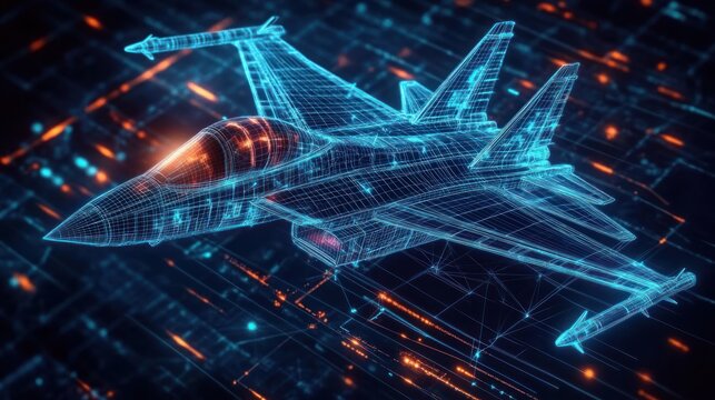 Futuristic wireframe fighter jet hovering over a glowing digital grid with neon blue and orange energy, sleek dynamic high-tech and powerful visualization