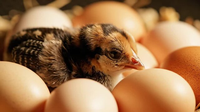 A newborn chick nestled among brown eggs in a hatchery nest representing organic poultry farming.