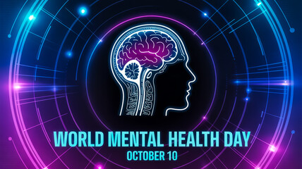 Obraz premium Mental health awareness campaign with a stylized digital illustration of a human head and brain on World Mental Health Day