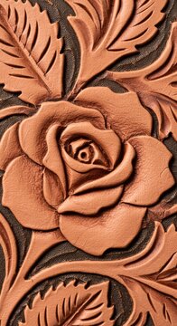 Hand carved rose motif on tooled leather surface showing artisanal floral patterns and natural material texture for fashion design and luxury craft resource