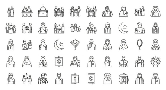 Islamic culture icons set, various religious symbols and people.