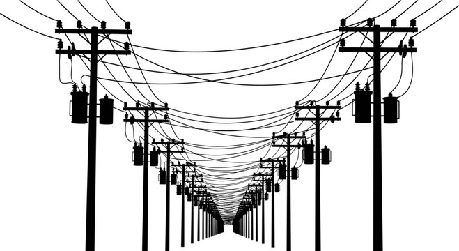 Perspective view of silhouette electricity poles with transformers and overhead wires stretching into distance on white background industrial power line.