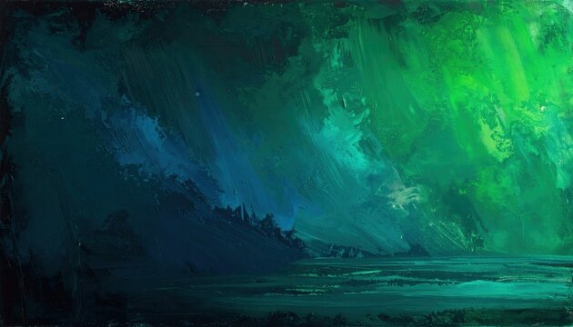 Pittura astratta di luci verdi e blu che imitano l'aurora boreale su un paesaggio scuro