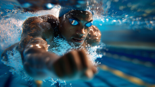 Paralympic swimmer bursts forth from the starting block in an electrifying display of strength and speed Generative AI