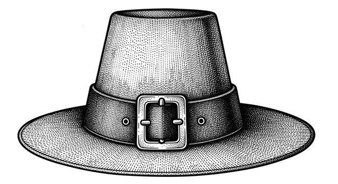 Pilgrim hat with buckle vintage engraving illustration isolated on white background for thanksgiving holiday celebration.