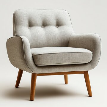cozy beige mid-century modern armchair with tufted back, curved arms and wooden tapered legs, inviting comfortable lounge seating