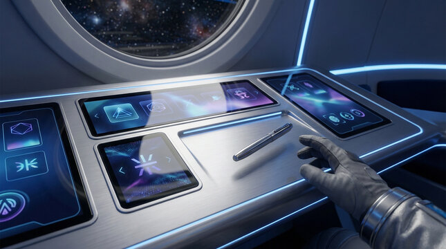 Astronauts gloved hand interacting with futuristic touchscreen controls in a sleek spacecraft interior, illustrating modern space tourism flight technology