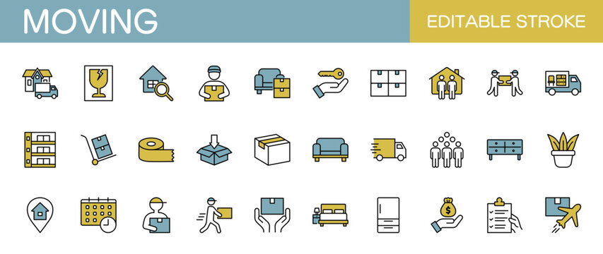 引越しに関するラインアイコンセット（線幅変更可能・カラー）