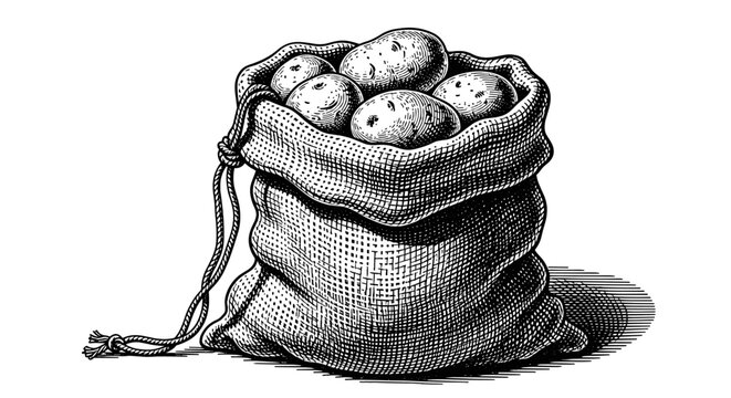 Rustic sack of raw potatoes hand drawn crosshatch engraving style for organic farm produce market and agriculture marketing.