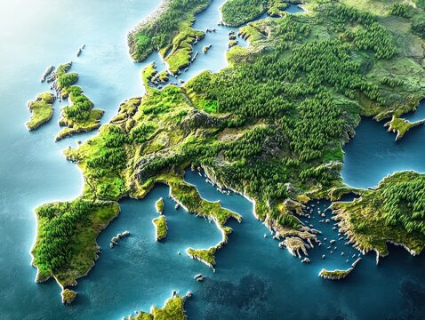Aerial view of a lush, forested three-dimensional map of Europe with detailed coastlines, islands, mountains and deep blue seas, evoking serene awe and exploration