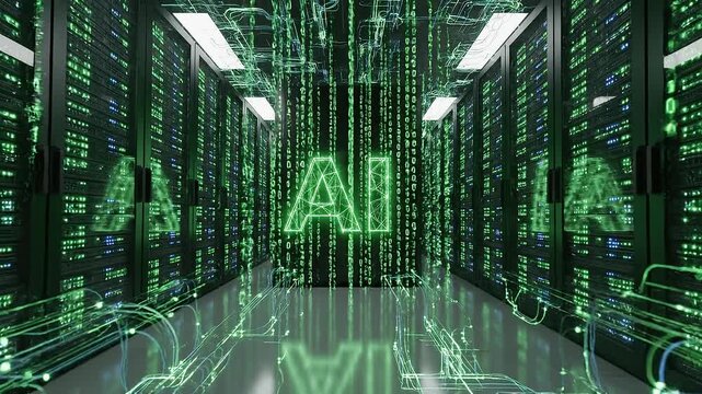 Futuristic ai text logo animation in neon green wireframe looping on digital server racks