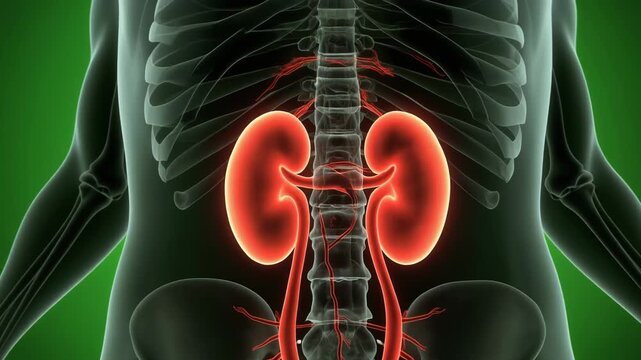 Detailed view of human kidneys and urinary system anatomy.