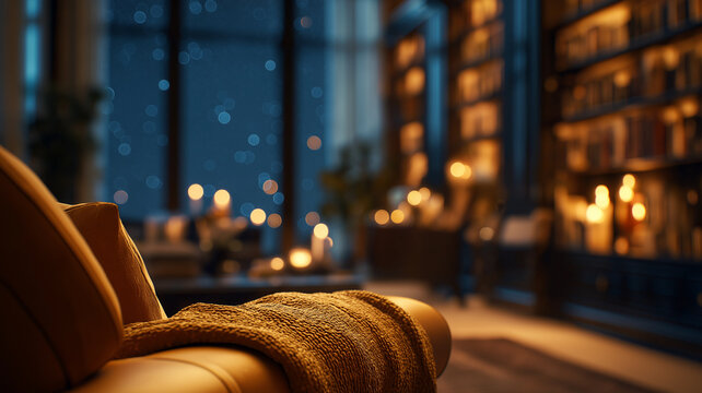Relaxing evening by the cozy armchair with a book and a soft blanket in a warm, inviting setting Generative AI