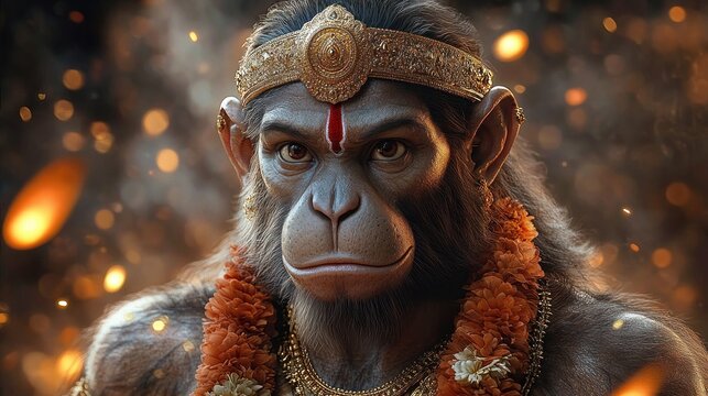regal anthropomorphic monkey figure wearing ornate gold headpiece, heavy necklaces and marigold garlands against ember-lit smoky background, face obscured by dark square, majestic solemn mood