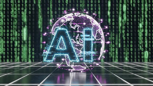 Cyberpunk style animated ai text logo with glowing effects and digital background