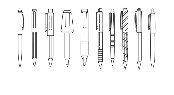 Set of pens vector line art illustration. writing pen ink marker collection contour isolated on white background.